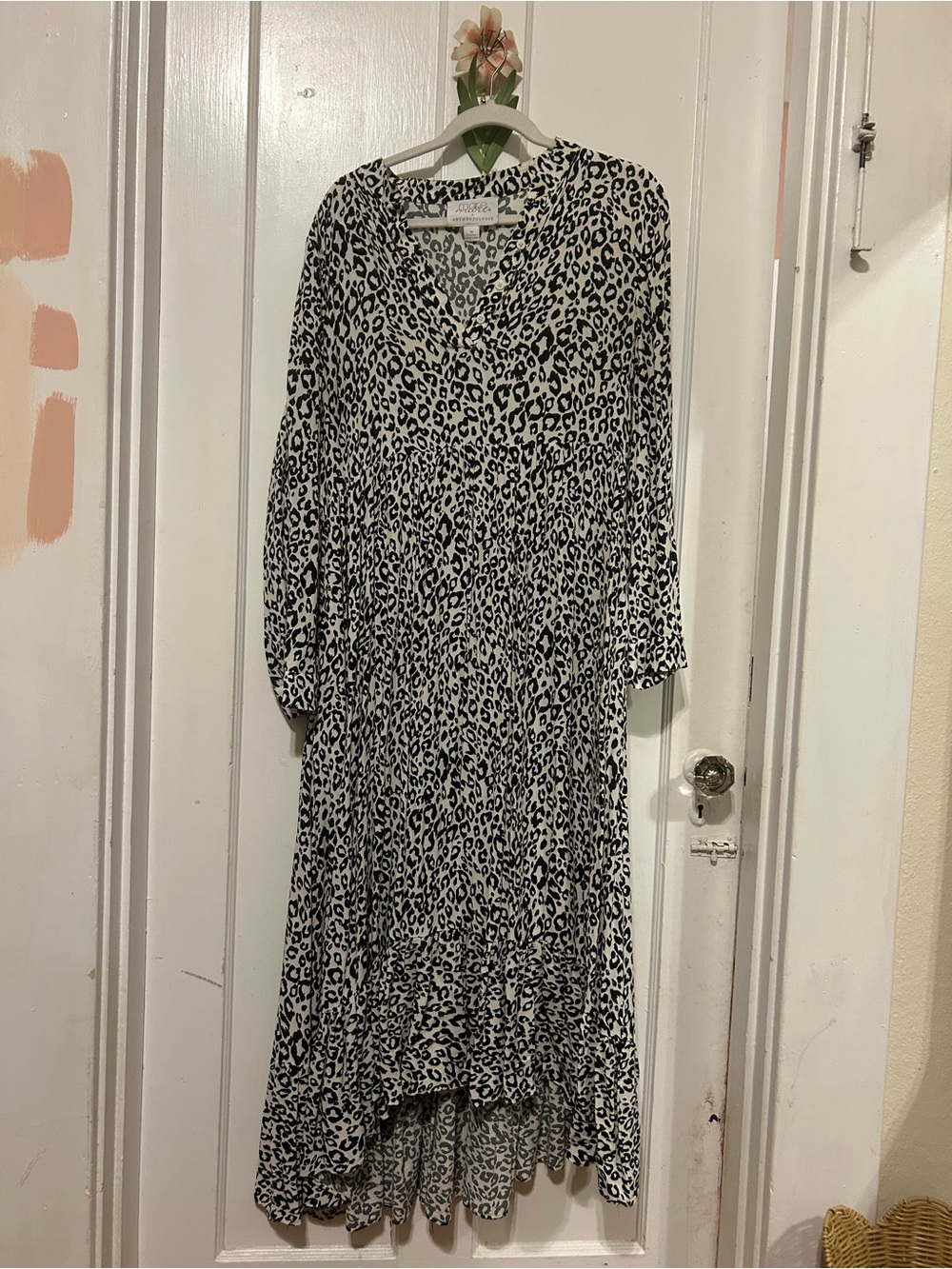 Leopard Print Long Sleeve Midi Dress - Black & White